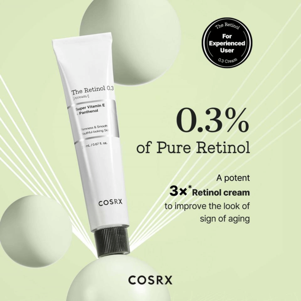 COSRX The Retinol 0.3 Cream contiene 0,3% de retinol puro para mejorar efectivamente la firmeza de la piel y suavizar las líneas finas. Enriquecido con super vitamina E y pantenol, proporciona hidratación y nutrición a la piel. Ideal para usuarios experimentados, esta es una crema poderosa que combate los signos del envejecimiento y ofrece un brillo juvenil.
