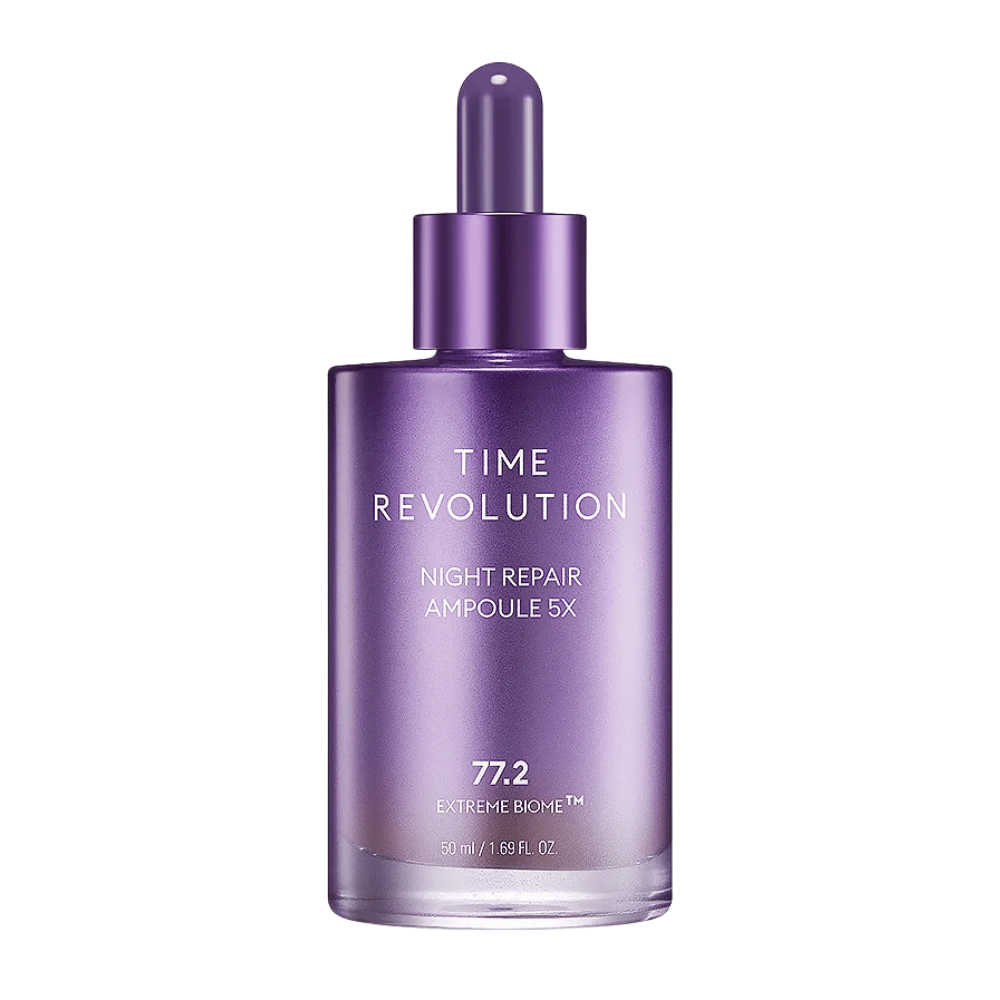 5. MISSHA Time Revolution Night Repair Ampoule 5X 50 ml – ampolla nocturna concentrada en frasco de vidrio morado con pipeta