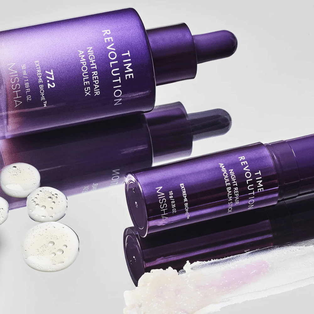 1. MISSHA Time Revolution Night Repair Ampoule 5X 50 ml – ampolla nocturna con 77,2 % de Extreme Biome Complex en frasco morado con pipeta