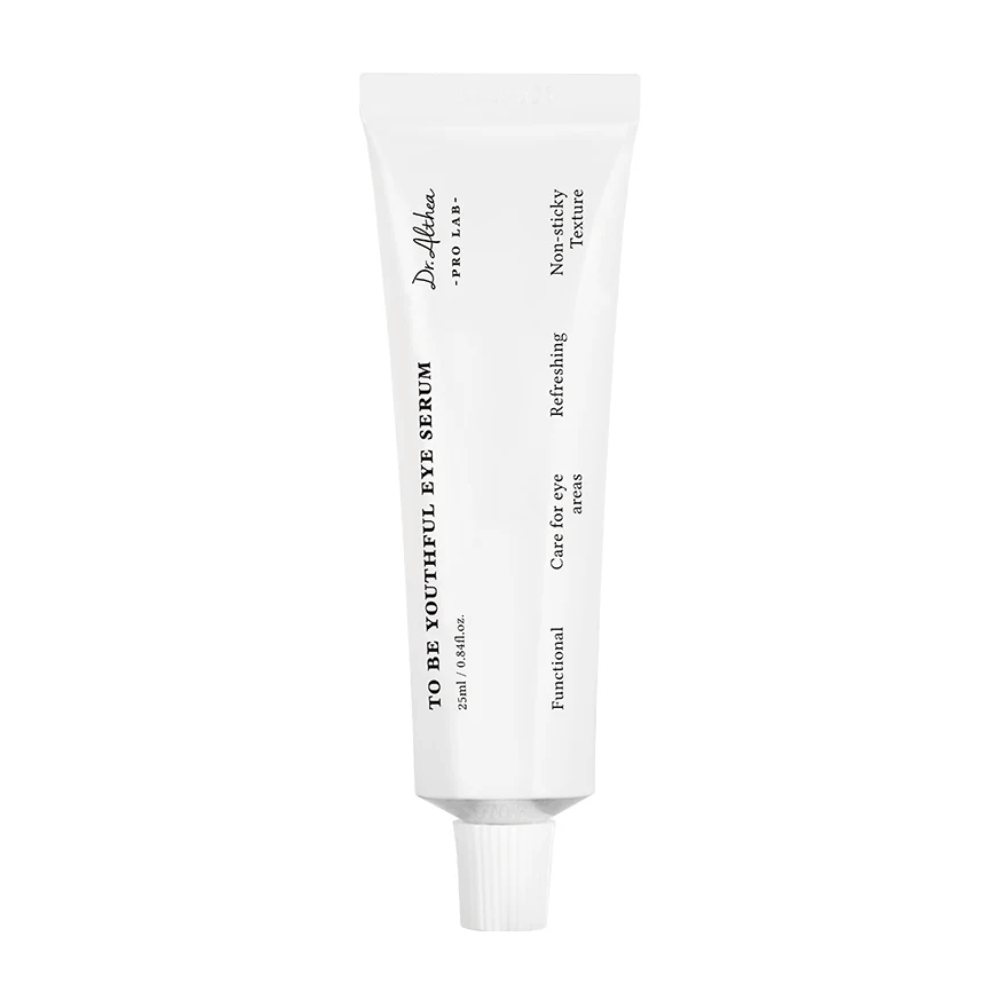 Imagen de Dr. "To Be Youthful Eye Serum" de Althea en un tubo blanco. El producto está diseñado para cuidar el área de los ojos con una consistencia no pegajosa y refrescante. Contiene ingredientes que reducen y previenen arrugas y líneas finas alrededor de los ojos.
