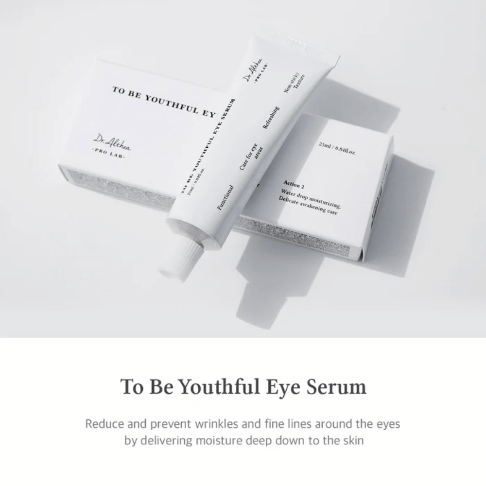 Imagen de Dr. "To Be Youthful Eye Serum" de Althea con un tubo blanco y empaque. El producto está destinado a reducir y prevenir arrugas y líneas finas alrededor de los ojos al proporcionar humedad profundamente en la piel. El texto describe las propiedades y beneficios del producto, incluyendo características hidratantes y refrescantes.