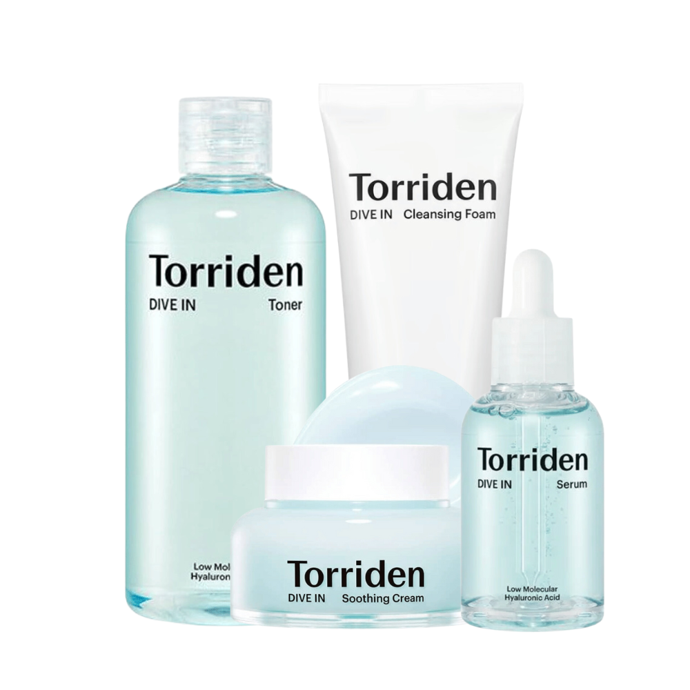 Una colección de Torriden productos de belleza en color turquesa, incluyendo tónico, espuma limpiadora, crema calmante y suero con ácido hialurónico.