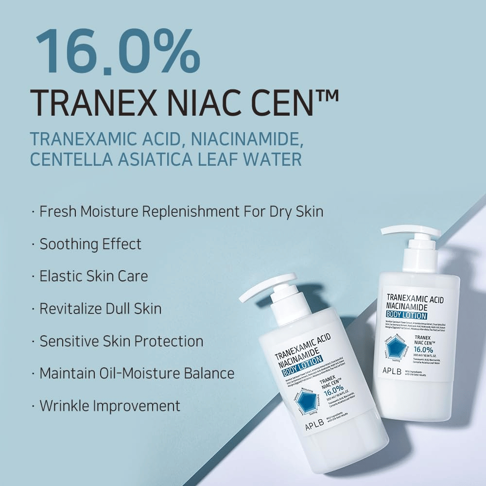Imagen de beneficios que presenta el complejo 16 % Tranex Niac Cen™ del producto y sus propiedades, como hidratación, efecto calmante, mejora de la elasticidad de la piel, glow y equilibrio del nivel de grasa y humedad.