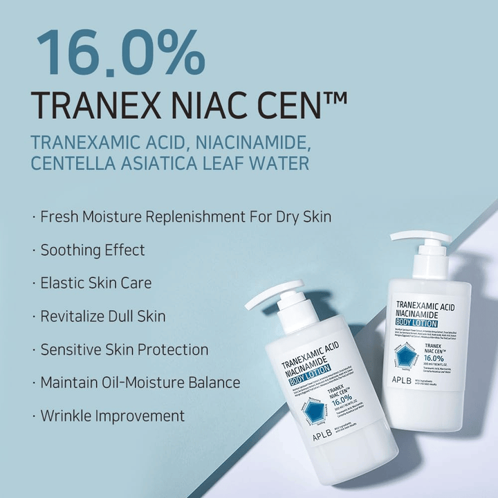 Imagen de beneficios que presenta el complejo 16 % Tranex Niac Cen™ del producto y sus propiedades, como hidratación, efecto calmante, mejora de la elasticidad de la piel, glow y equilibrio del nivel de grasa y humedad.