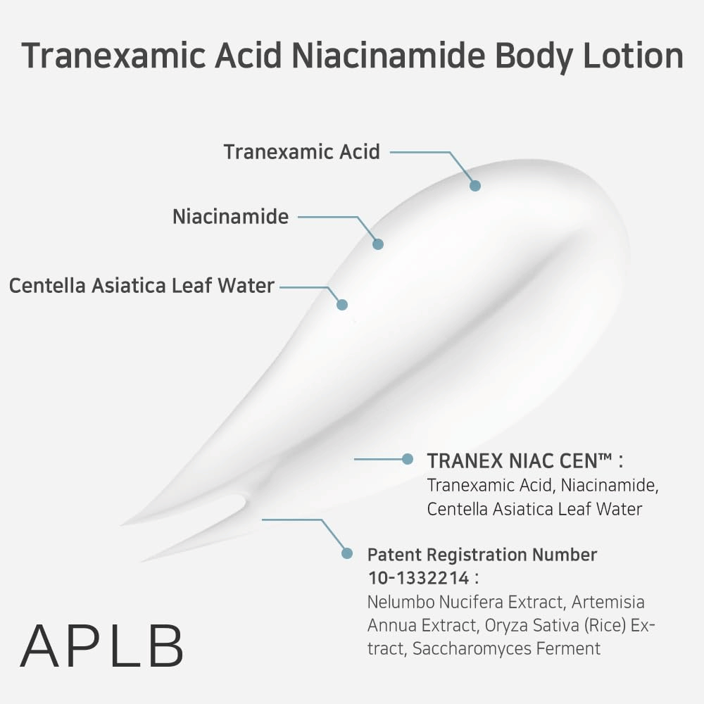 Imagen de ingredientes centrada en Tranexamic Acid, Niacinamide y Centella Asiatica Leaf Water, así como en extractos vegetales patentados e ingredientes fermentados que ayudan a calmar y cuidar la piel.