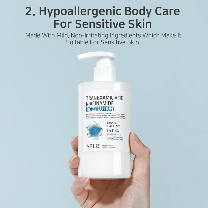 Imagen de producto que muestra APLB Tranexamic Acid Niacinamide Body Lotion con enfoque en el cuidado corporal hipoalergénico para piel sensible. La imagen enfatiza ingredientes suaves y delicados adecuados para piel seca y sensible.