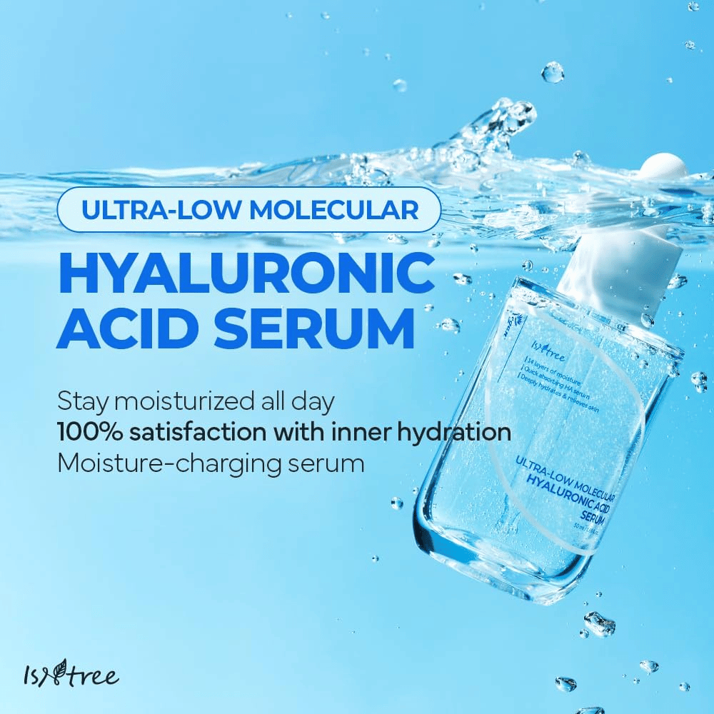 Isntree Ultra-Low Molecular Hyaluronic Acid Serum en ambiente acuático, suero de ácido hialurónico hidratante que proporciona piel rellena, mayor luminosidad y equilibrio de humedad duradero.