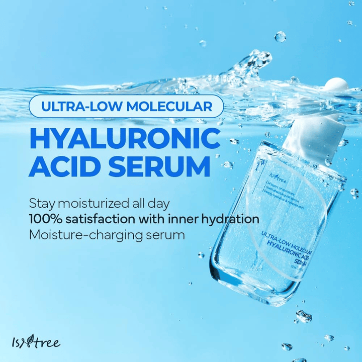 Isntree Ultra-Low Molecular Hyaluronic Acid Serum en ambiente acuático, suero de ácido hialurónico hidratante que proporciona piel rellena, mayor luminosidad y equilibrio de humedad duradero.