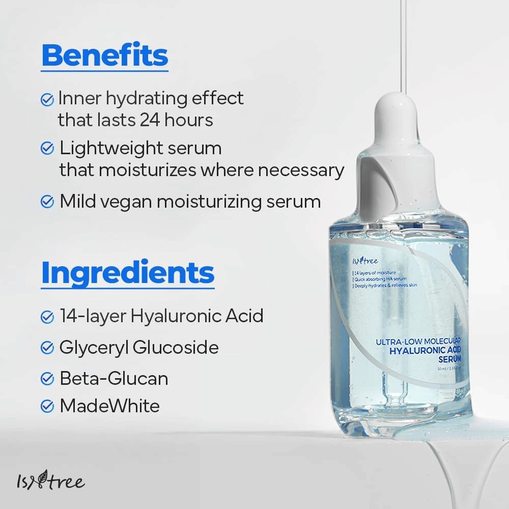 Isntree Ultra-Low Molecular Hyaluronic Acid Serum con fórmula ligera y vegana que hidrata hasta por 24 horas y es adecuada para piel seca, sensible y con falta de humedad.
