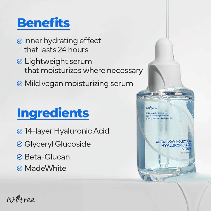Isntree Ultra-Low Molecular Hyaluronic Acid Serum con fórmula ligera y vegana que hidrata hasta por 24 horas y es adecuada para piel seca, sensible y con falta de humedad.