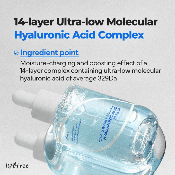 Isntree Ultra-Low Molecular Hyaluronic Acid Serum con ácido hialurónico de ultra baja molecular, suero facial que da un impulso de humedad proporcionando hidratación intensa en profundidad.