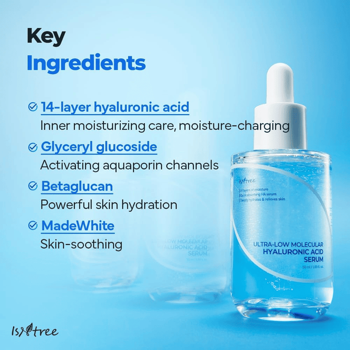 Isntree Ultra-Low Molecular Hyaluronic Acid Serum con ácido hialurónico de 14 capas, glucósido de glicerilo y beta-glucano, suero hidratante que fortalece la barrera cutánea y calma la piel sensible.