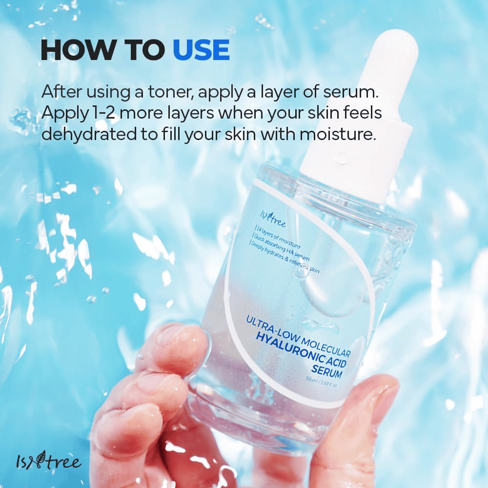 Isntree Ultra-Low Molecular Hyaluronic Acid Serum que se aplica después del tónico para hidratación intensa, mostrado en mano con salpicaduras de agua, suero ligero para piel seca y deshidratada.