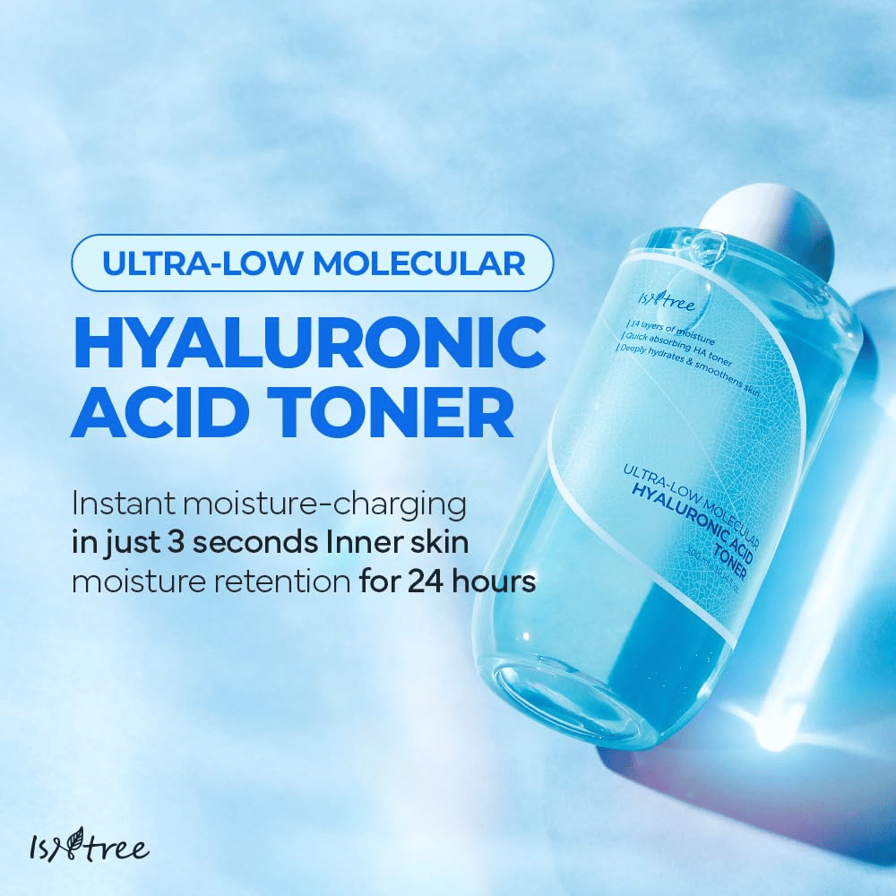 Imagen del producto de Isntree Ultra-Low Molecular Hyaluronic Acid Toner con fondo azul. El texto destaca la rápida hidratación en 3 segundos y el efecto de retención de humedad durante 24 horas. La botella se muestra en un ángulo ampliado con etiqueta clara.