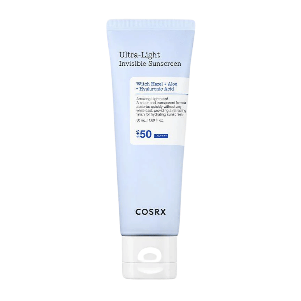 COSRX Protector solar invisible ultraligero en tubo azul con SPF 50 PA++++, contiene hamamelis, aloe vera y ácido hialurónico – fórmula ligera sin rastro blanco para protección solar hidratante.