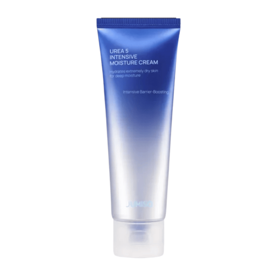 Imagen de producto recortada de Jumiso Urea 5 Intensive Moisture Cream sobre fondo blanco. El tubo azul con diseño minimalista resalta el enfoque del producto en la hidratación intensiva y el cuidado fortalecedor de la barrera cutánea para piel muy seca.
