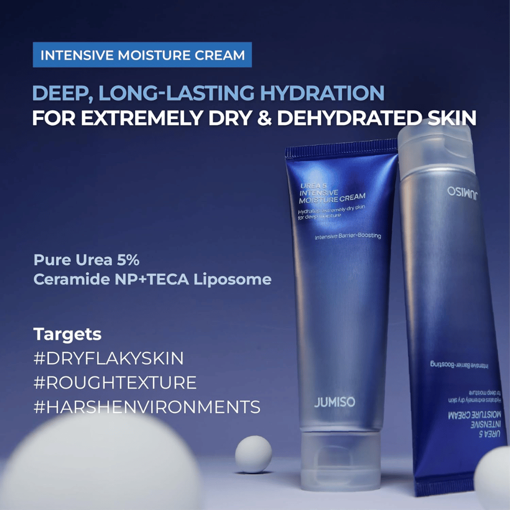 Imagen de marketing que presenta la crema como una solución hidratante intensiva para piel extremadamente seca y deshidratada. La imagen destaca los ingredientes clave 5 % de urea, Ceramide NP y TECA Liposome, y recomienda el producto para piel seca, descamada, textura áspera y agresiones de entornos secos.