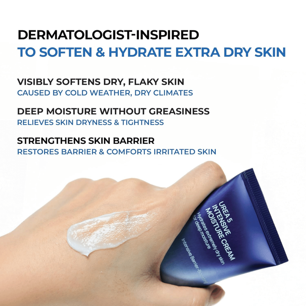 Imagen informativa que destaca los principales beneficios de Jumiso Urea 5 Intensive Moisture Cream. La crema se describe como de inspiración dermatológica para piel muy seca y ayuda a suavizar la piel descamada, proporcionar hidratación profunda sin sentirse grasosa y fortalecer la barrera cutánea. Una mano muestra la textura cremosa del producto sobre la piel.