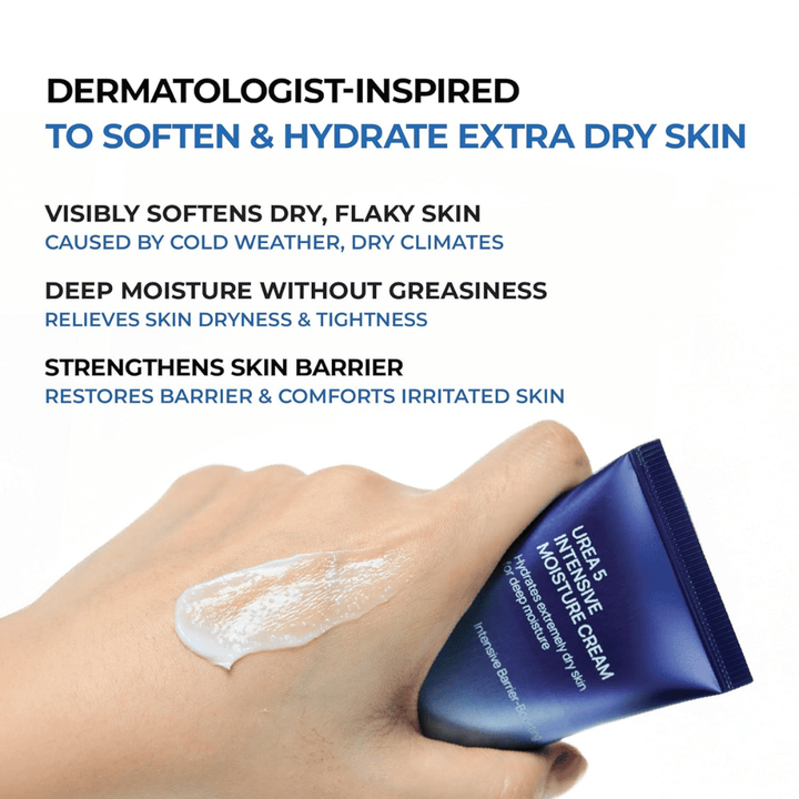 Imagen informativa que destaca los principales beneficios de Jumiso Urea 5 Intensive Moisture Cream. La crema se describe como de inspiración dermatológica para piel muy seca y ayuda a suavizar la piel descamada, proporcionar hidratación profunda sin sentirse grasosa y fortalecer la barrera cutánea. Una mano muestra la textura cremosa del producto sobre la piel.