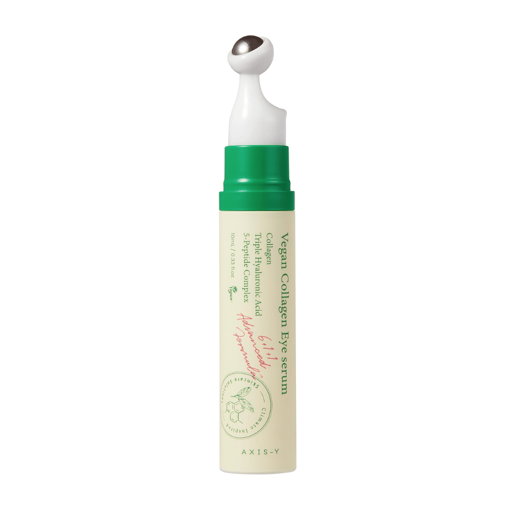 AXIS-Y Vegan Collagen Eye Serum 10ml con un aplicador verde, diseñado para reducir arrugas e hidratar el área sensible alrededor de los ojos. El producto contiene colágeno vegano, ácido hialurónico y un complejo de 5 péptidos para proporcionar cuidado y nutrición intensiva.