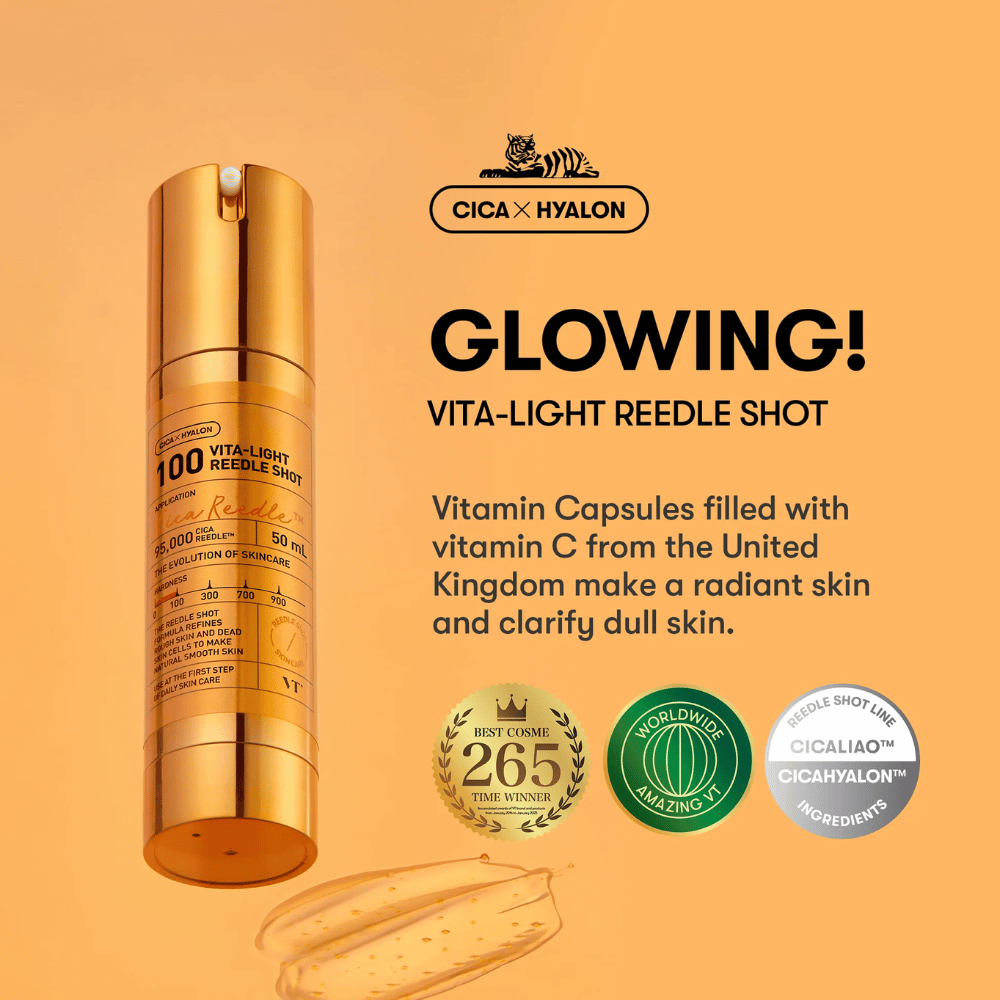 Botella dorada VT Cica Hyalon Vita-Light Reedle Shot 100hL, 50 ml, con bomba y cápsulas de vitamina C en el fondo, así como texto sobre los beneficios de luminosidad y claridad del producto.