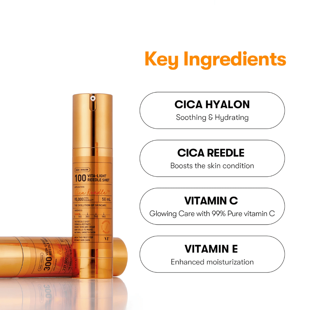 Botella dorada VT Cica Hyalon Vita-Light Reedle Shot 100hL, 50 ml, con bomba, de pie junto a una botella acostada. A la derecha se enumeran los ingredientes clave: Cica Hyalon, Cica Reedle, Vitamina C y Vitamina E.