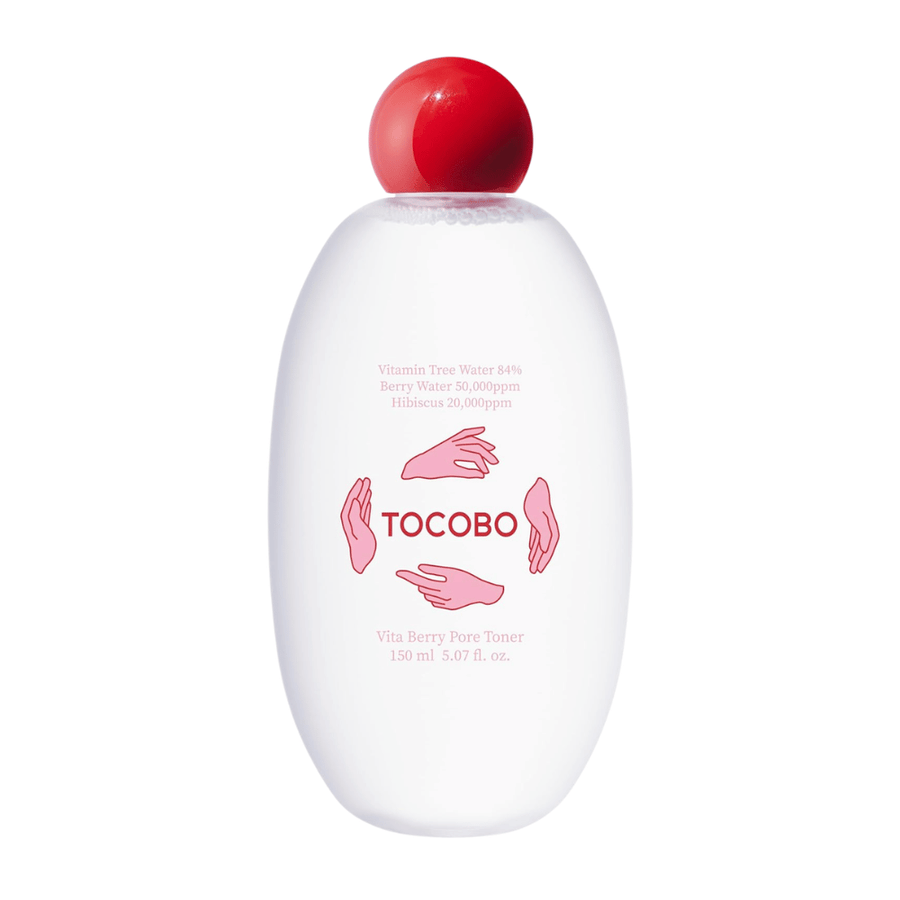 Imagen de producto recortada de TOCOBO Vita Berry Pore Toner que muestra el diseño minimalista con botella blanca y tapa roja sobre un fondo claro.