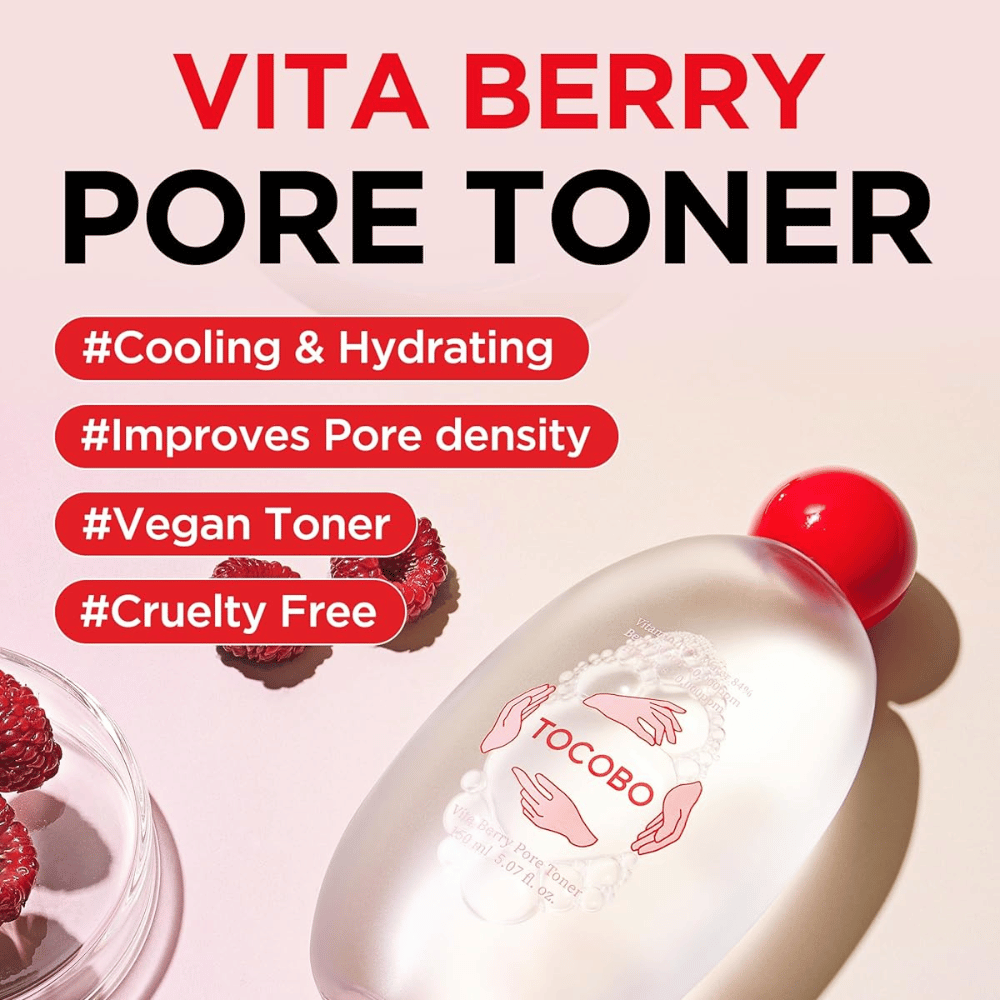 Imagen de producto con texto que destaca las propiedades del tónico, como hidratación, sensación refrescante, mejora del cuidado de los poros, así como que el producto es vegano y cruelty-free.
