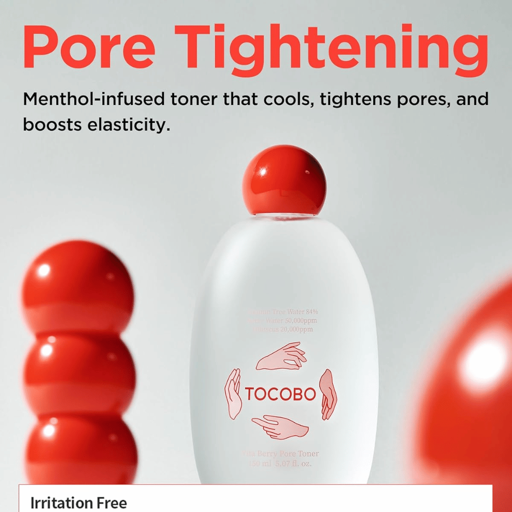 Imagen promocional de TOCOBO Vita Berry Pore Toner que describe el efecto refrescante del tónico, sus propiedades astringentes para los poros y la mejora de la elasticidad de la piel con una fórmula infusionada con mentol.