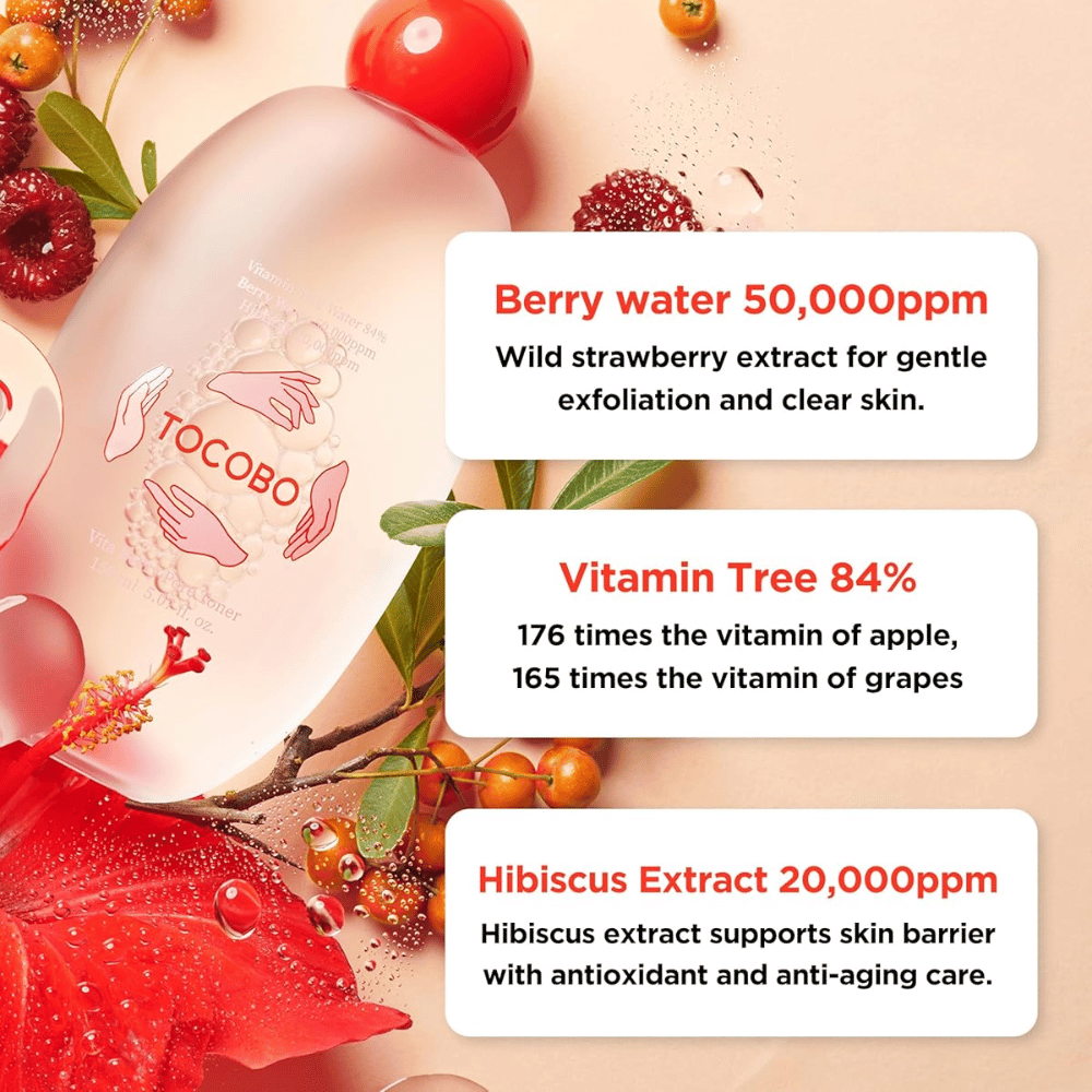 Imagen de ingredientes que destaca los ingredientes clave del tónico, incluidos berry water, árbol vitamínico y extracto de hibisco, con enfoque en la exfoliación, el cuidado antioxidante y el fortalecimiento de la barrera cutánea.