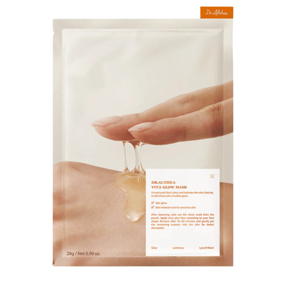 Empaque de Dr. Althea Vita Glow Mask que muestra la esencia de la mascarilla. Hidratante Sheet mask para brillo y tono de piel uniforme, suave incluso para piel sensible.