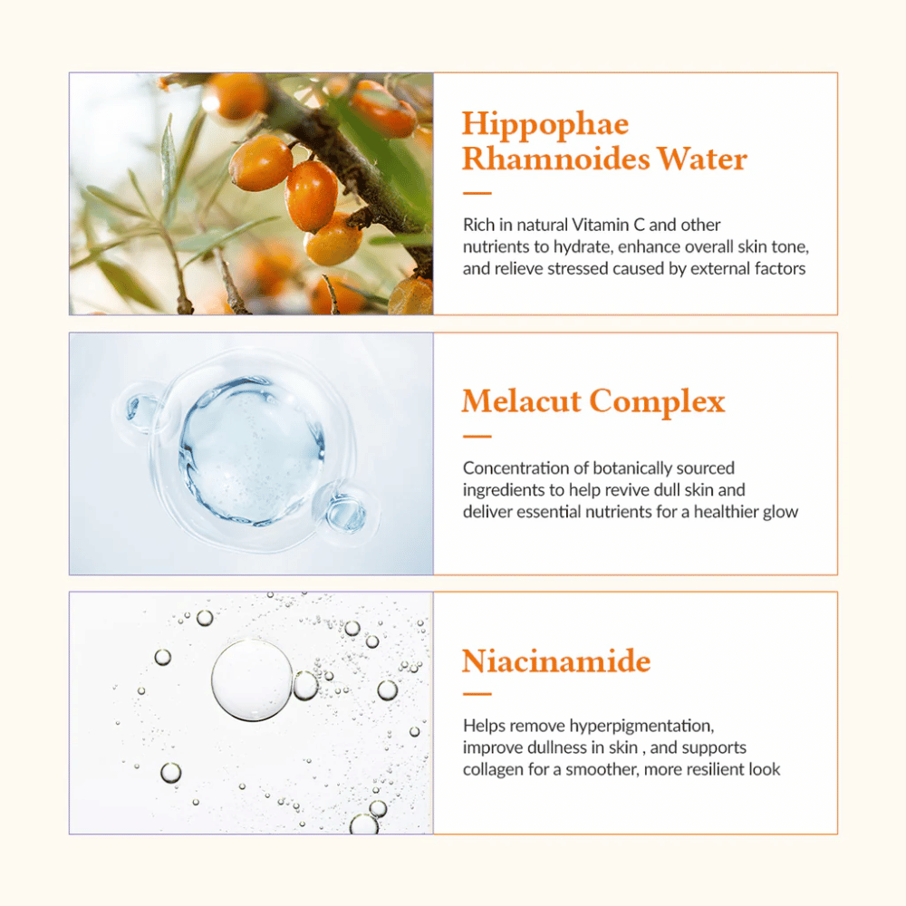 Primer plano de los ingredientes clave en Dr. Althea Vita Glow Mask: agua de espino cerval de mar, Melacut Complex y niacinamida. Proporciona brillo, hidrata y iguala el tono de la piel.