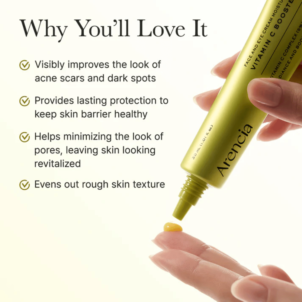 Arencia Vitamin C Booster Shot beneficios – suero de vitamina C que mejora cicatrices de acné y manchas oscuras, fortalece la barrera cutánea, minimiza poros y uniformiza la textura de la piel
