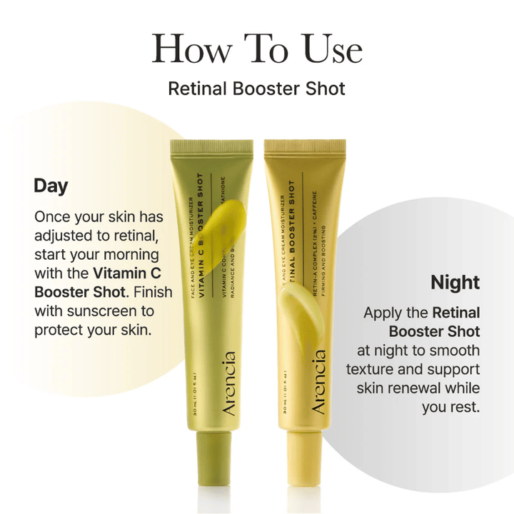 Así usas Arencia Vitamin C Booster Shot – suero de vitamina C en la rutina de la mañana y potenciador de retinal por la noche para un tono de piel más uniforme y mejor brillo