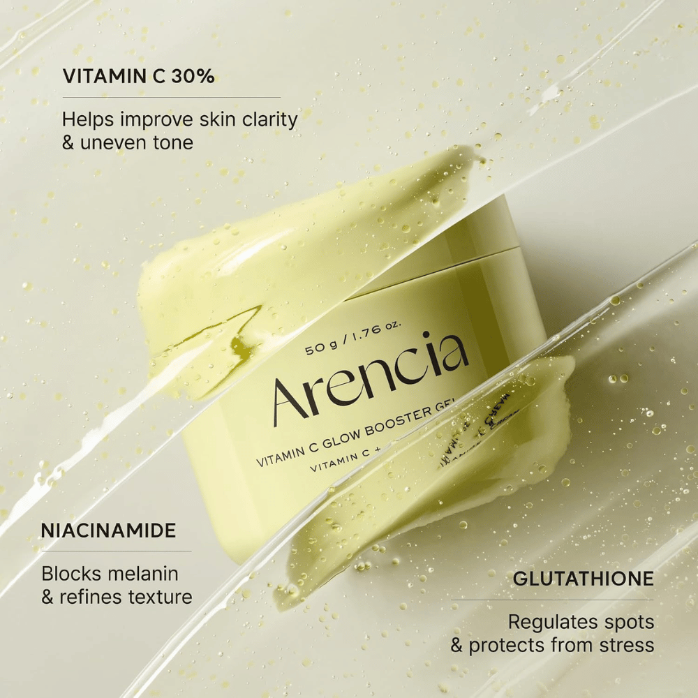 Arencia Vitamin C Glow Booster Gel Cream – con 30% de vitamina C, niacinamida y glutatión para un tono de piel más uniforme y luminosidad