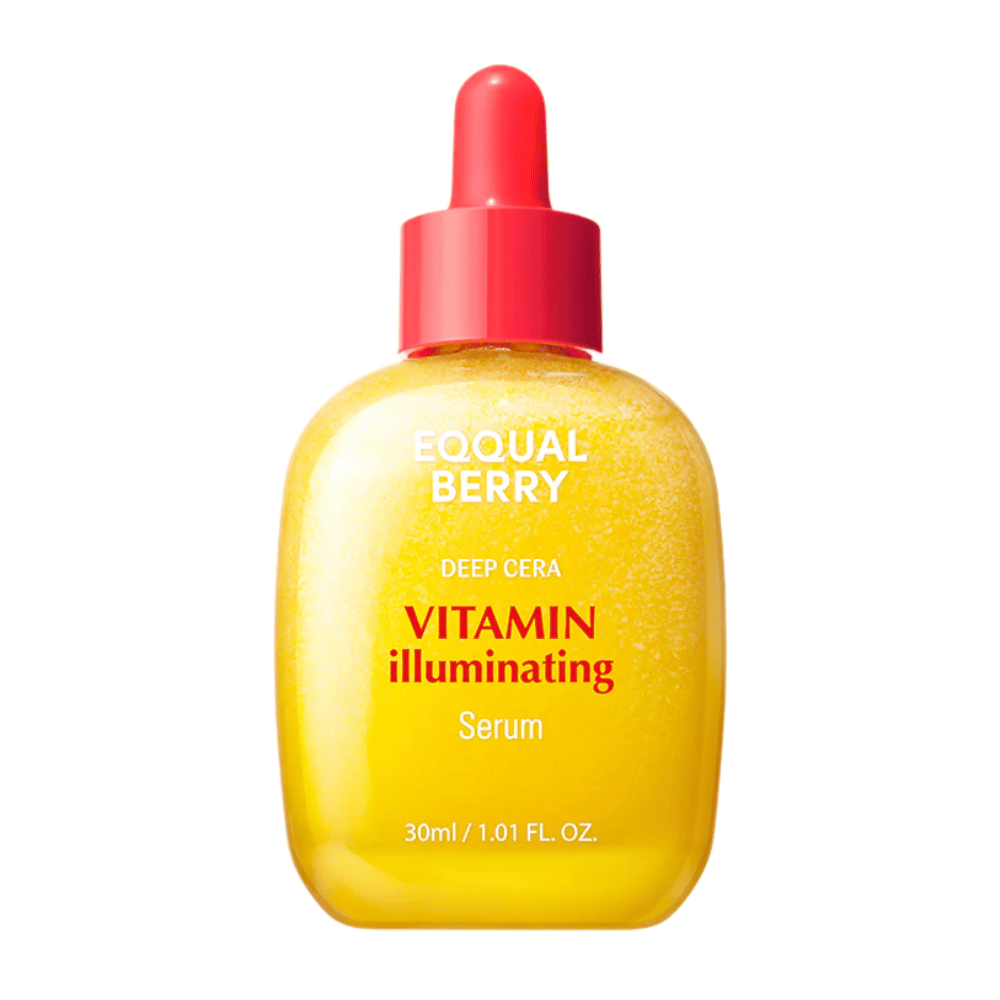 Equal Berry Vitamin Illuminating Serum en una botella dorada brillante con pipeta roja. Aporta brillo y nutrición para una piel radiante.