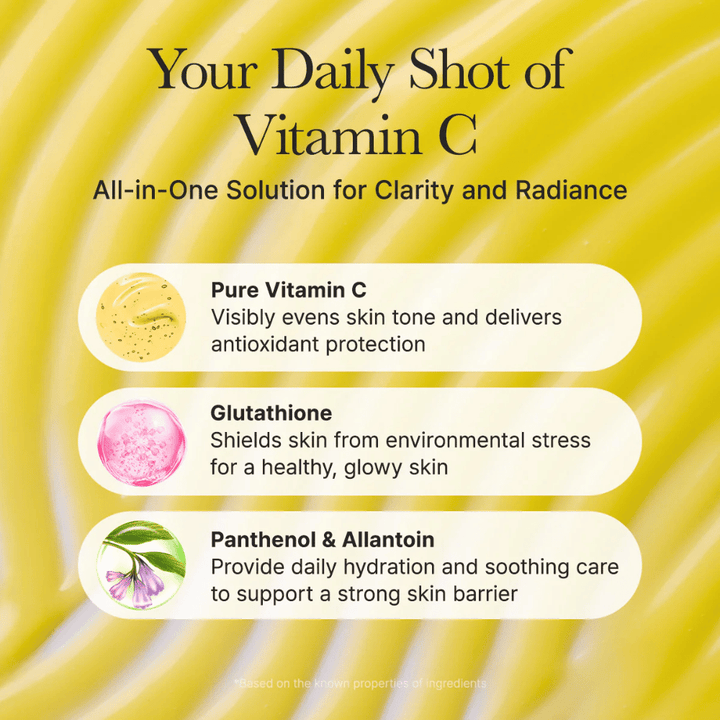 Arencia Vitamin C Booster Shot resumen de ingredientes – vitamina C que uniformiza el tono de la piel, glutatión con efecto antioxidante y pantenol y alantoína que hidratan y calman la piel