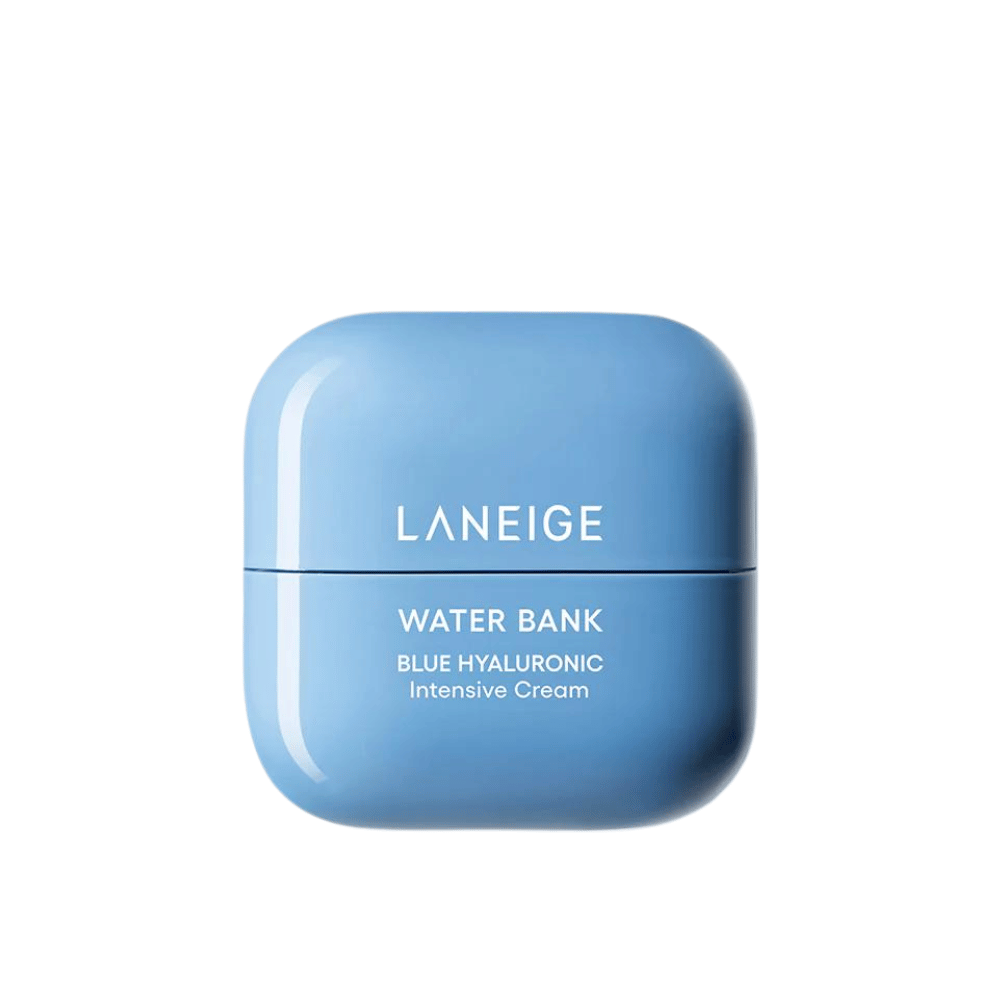 LANEIGE Water Bank Blue Hyaluronic Intensive Cream en frasco redondeado azul, aislado sobre fondo blanco.
