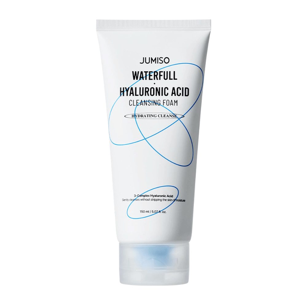 Jumiso Waterfull Hyaluronic Acid Cleansing Foam presentado sobre fondo blanco. Limpiador facial hidratante con ácido hialurónico que limpia la piel suavemente sin alterar el equilibrio natural de hidratación de la piel.