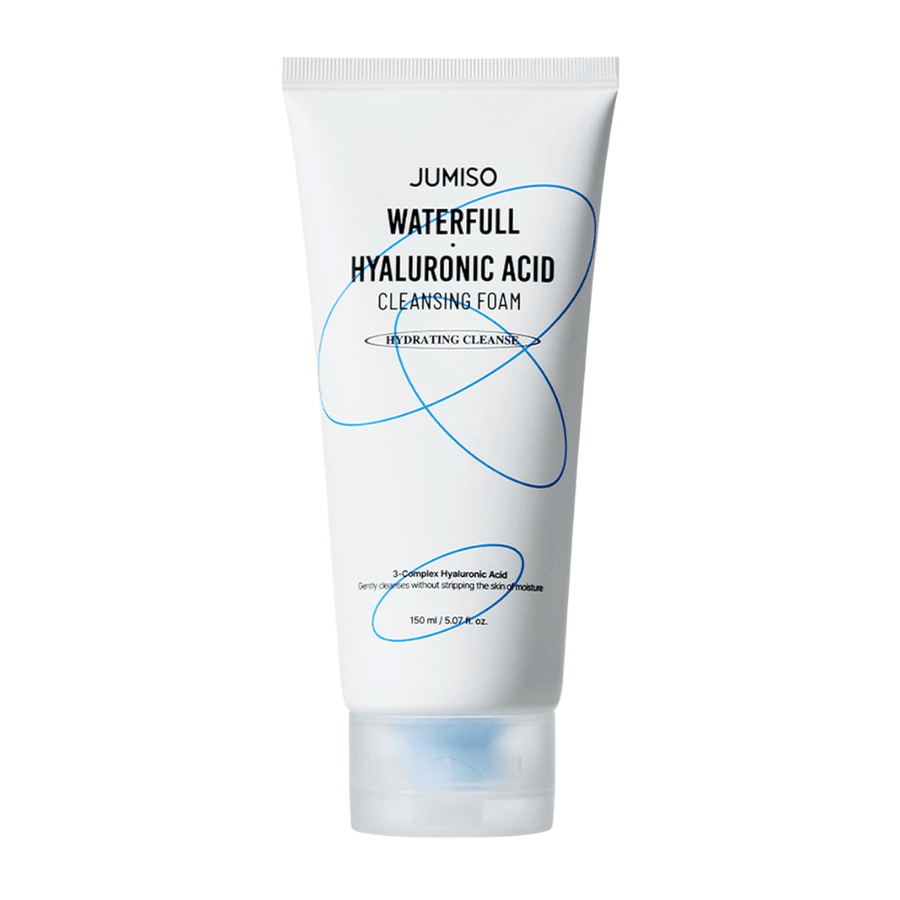 Jumiso Waterfull Hyaluronic Acid Cleansing Foam presentado sobre fondo blanco. Limpiador facial hidratante con ácido hialurónico que limpia la piel suavemente sin alterar el equilibrio natural de hidratación de la piel.