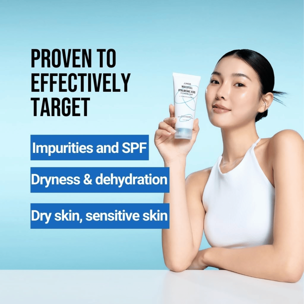 Persona con piel clara e hidratada sostiene Jumiso Waterfull Hyaluronic Acid Cleansing Foam. La imagen describe la capacidad del producto para actuar sobre las impurezas, los residuos de SPF, la sequedad y la piel sensible.