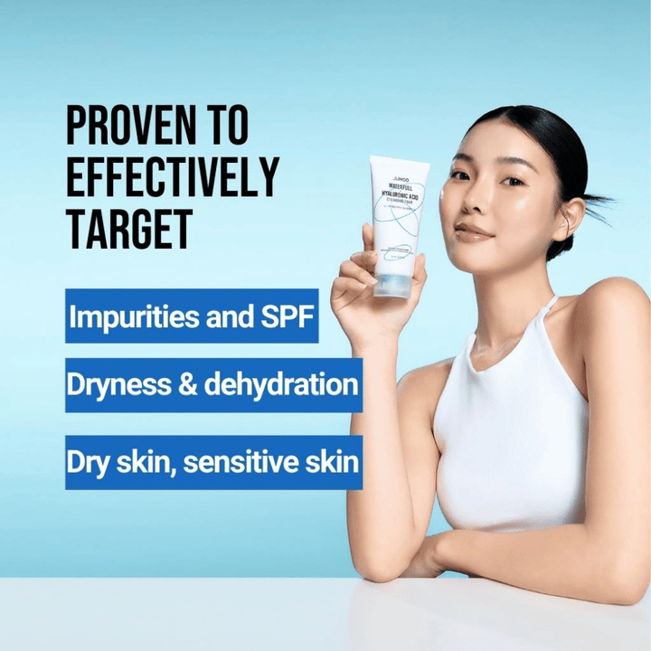 Persona con piel clara e hidratada sostiene Jumiso Waterfull Hyaluronic Acid Cleansing Foam. La imagen describe la capacidad del producto para actuar sobre las impurezas, los residuos de SPF, la sequedad y la piel sensible.