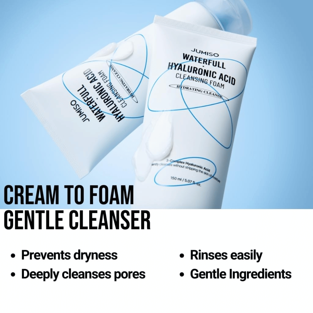 Dos tubos de Jumiso Waterfull Hyaluronic Acid Cleansing Foam sobre fondo azul claro. La imagen destaca una limpieza de crema a espuma que limpia los poros suavemente, combate la sequedad y es fácil de enjuagar.