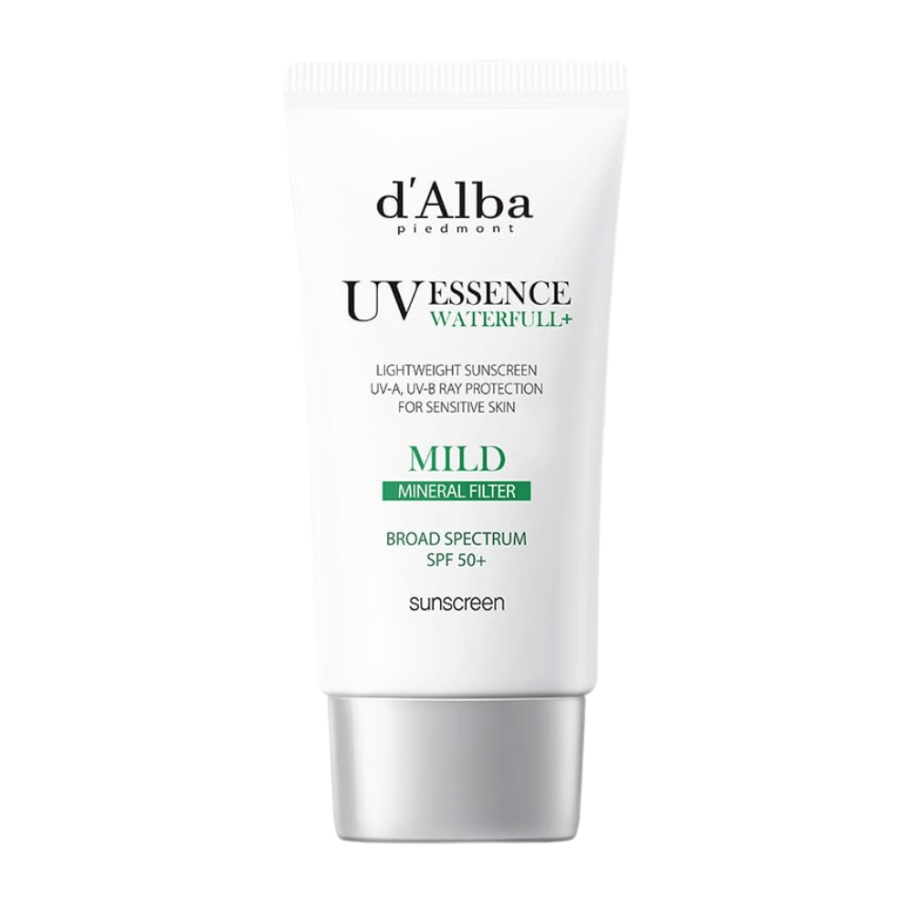 d’Alba Waterfull Mild Sun Cream SPF 50+ – crema solar suave con filtro mineral que protege la piel sensible contra UVA/UVB. Fórmula ligera e hidratante en un tubo blanco elegante.