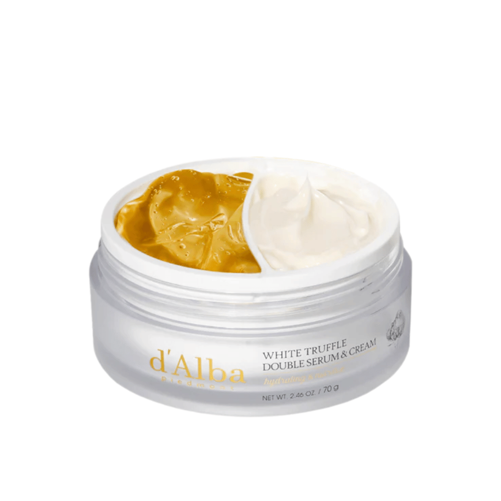 d'Alba White Truffle Double Serum & Cream combina un suero y una crema en un práctico frasco de dos partes. Este producto proporciona una hidratación y nutrición intensiva gracias al extracto de trufa blanca, lo que da a la piel una sensación radiante y más firme.