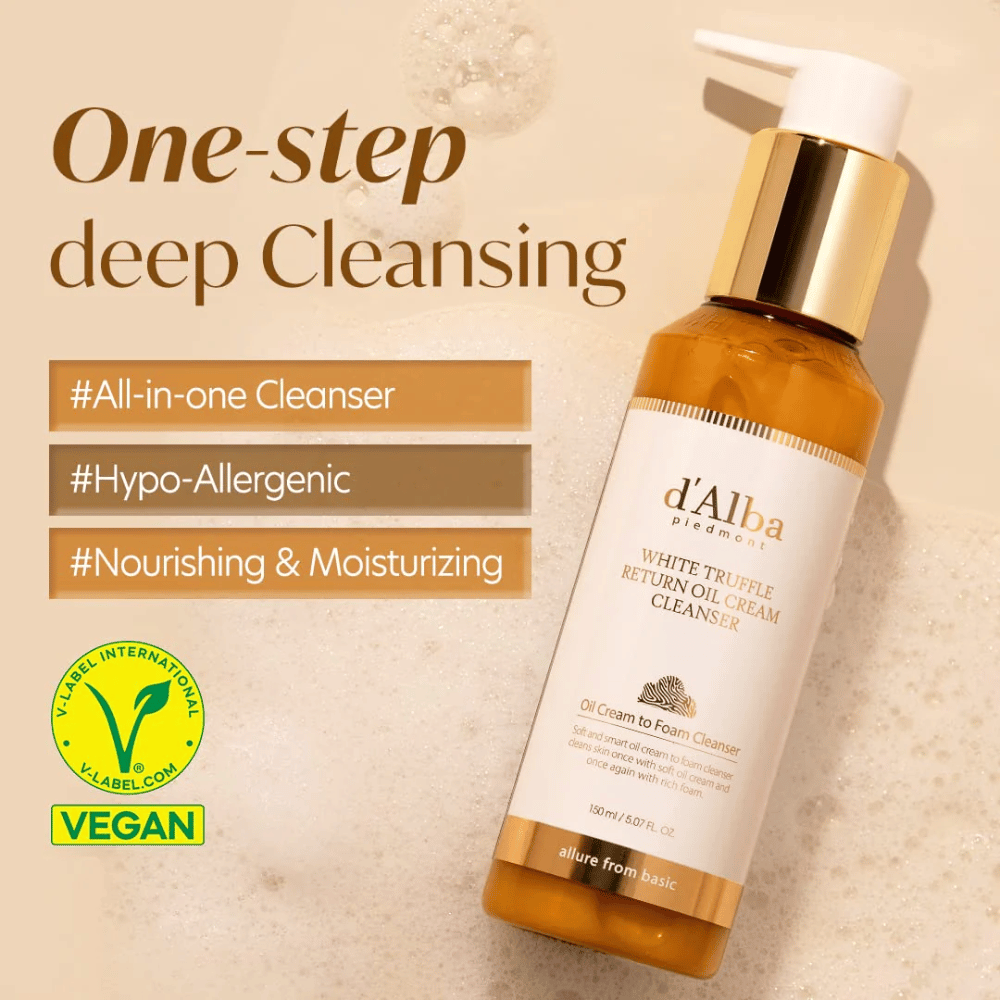 d'Alba White Truffle Return Oil Cream Cleanser es una crema limpiadora vegana e hipoalergénica con limpieza profunda en un solo paso. Este limpiador todo en uno es nutritivo e hidratante, y se transforma de aceite a espuma para limpiar la piel de manera efectiva, dejándola suave y fresca.