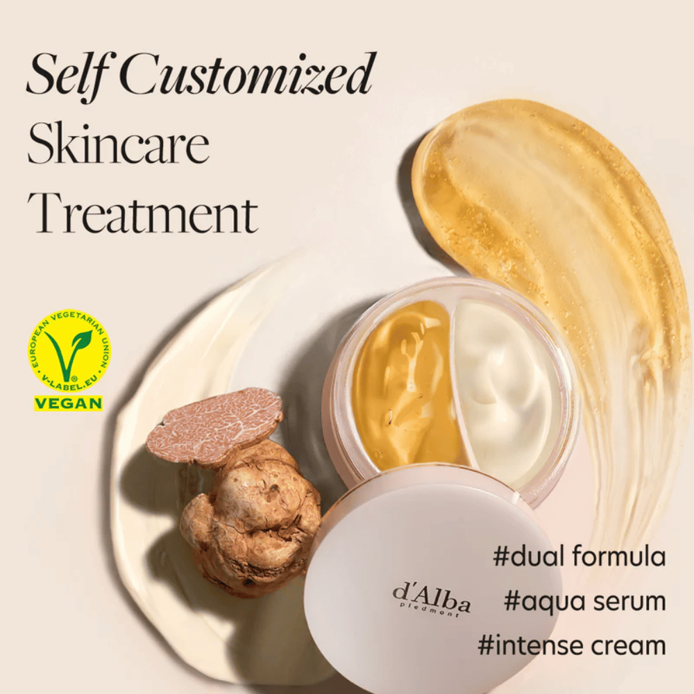 d'Alba White Truffle Double Serum & Cream es un producto de cuidado de la piel vegano que ofrece una experiencia de cuidado de la piel personalizada. Tiene una fórmula doble con tanto un suero aqua como una crema intensiva, perfecta para hidratar y fortalecer la piel.