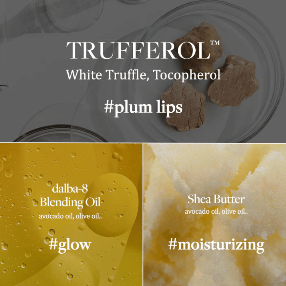 Imagen de ingredientes con Trufa Blanca, Tocoferol, Aceite de Mezcla y Manteca de Karité para d'Alba Nourishing Serum Lip Balm, marcado con los hashtags #labios ciruela, #brillo y #hidratante.