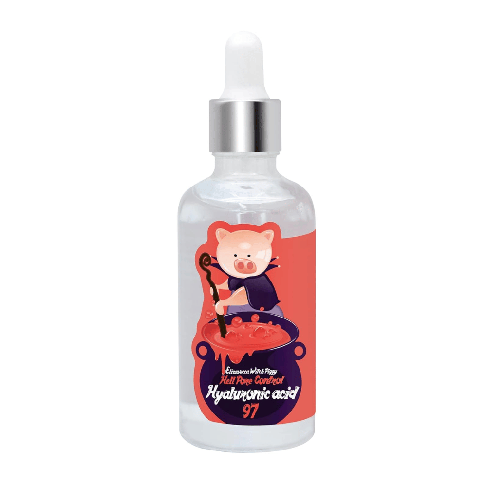 Elizavecca Witch Piggy Hell Pore Control Hyaluronic Acid 97 – suero concentrado de ácido hialurónico que fortalece la barrera de la piel y proporciona hidratación duradera.