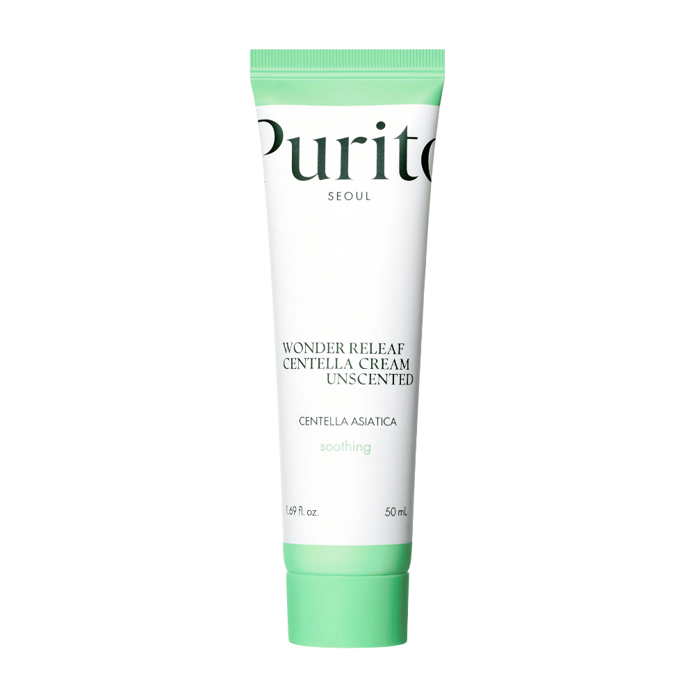 Purito Wonder Releaf Centella Cream Unscented es una crema facial hidratante y calmante con extracto de Centella Asiatica. La fórmula sin perfume fortalece la barrera cutánea y alivia la irritación, lo que la hace ideal para pieles sensibles.